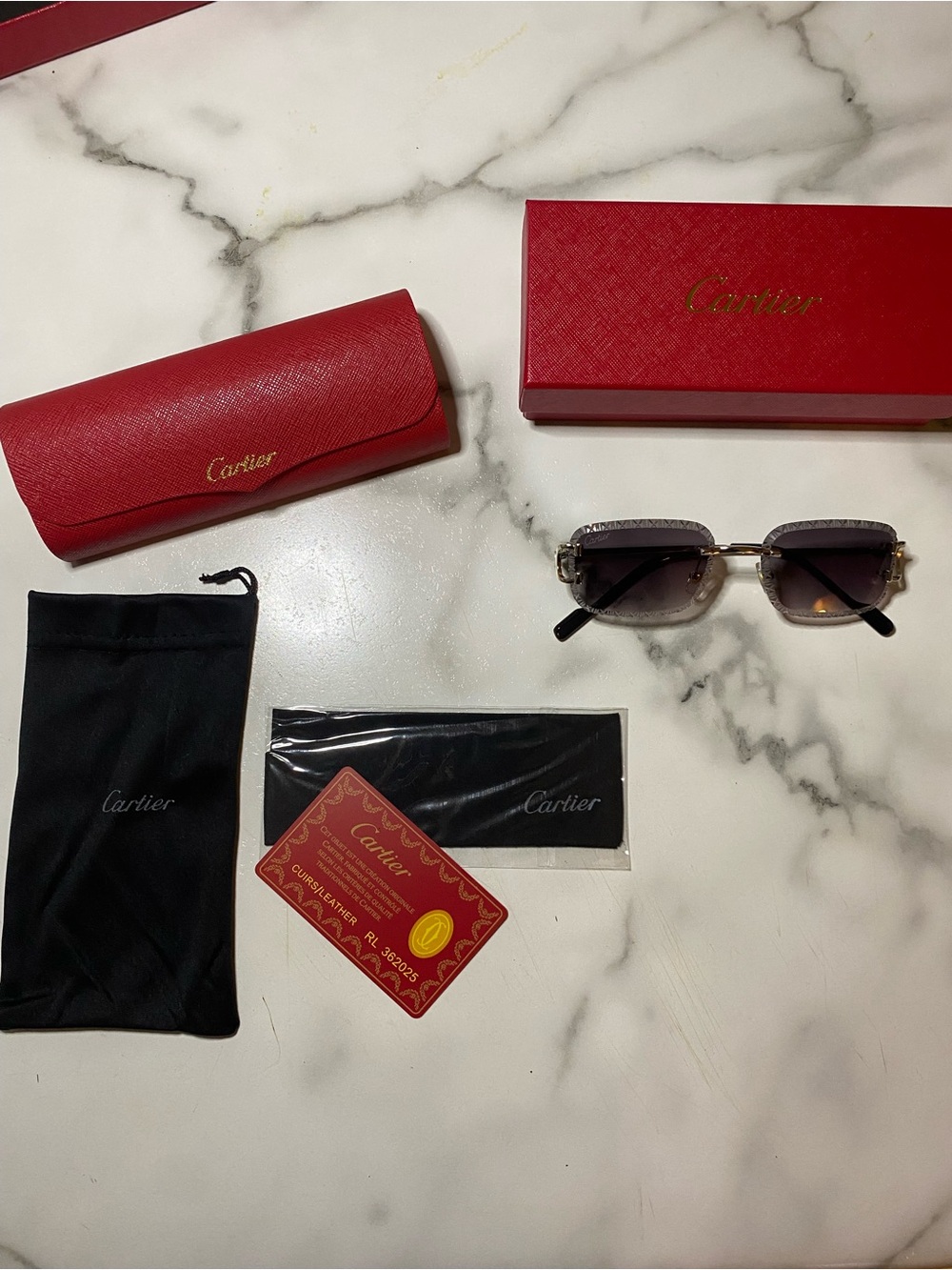 Cartier Gradient Purple-Gray Sunglasses with Red Accessories